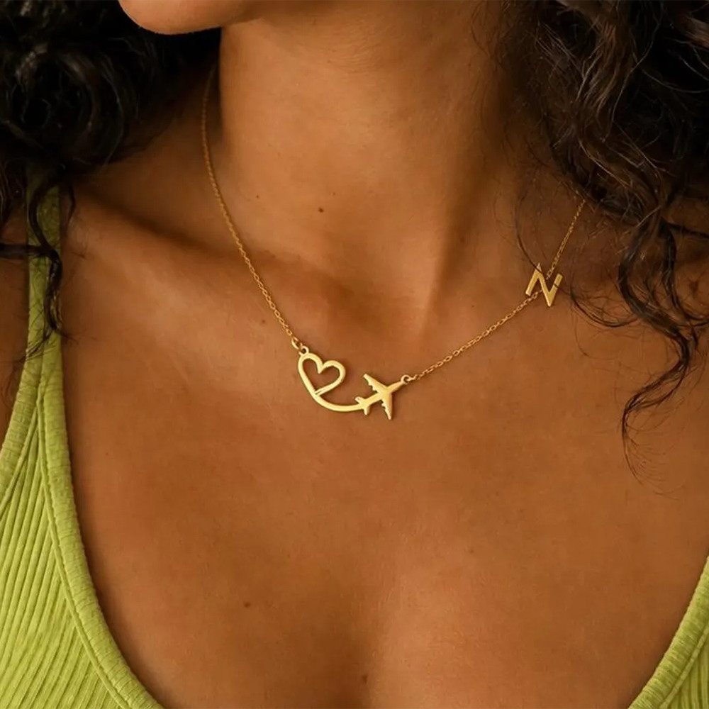 Name Necklace Custom - Kalung Liontin Inisial Pesawat Berbentuk Hati